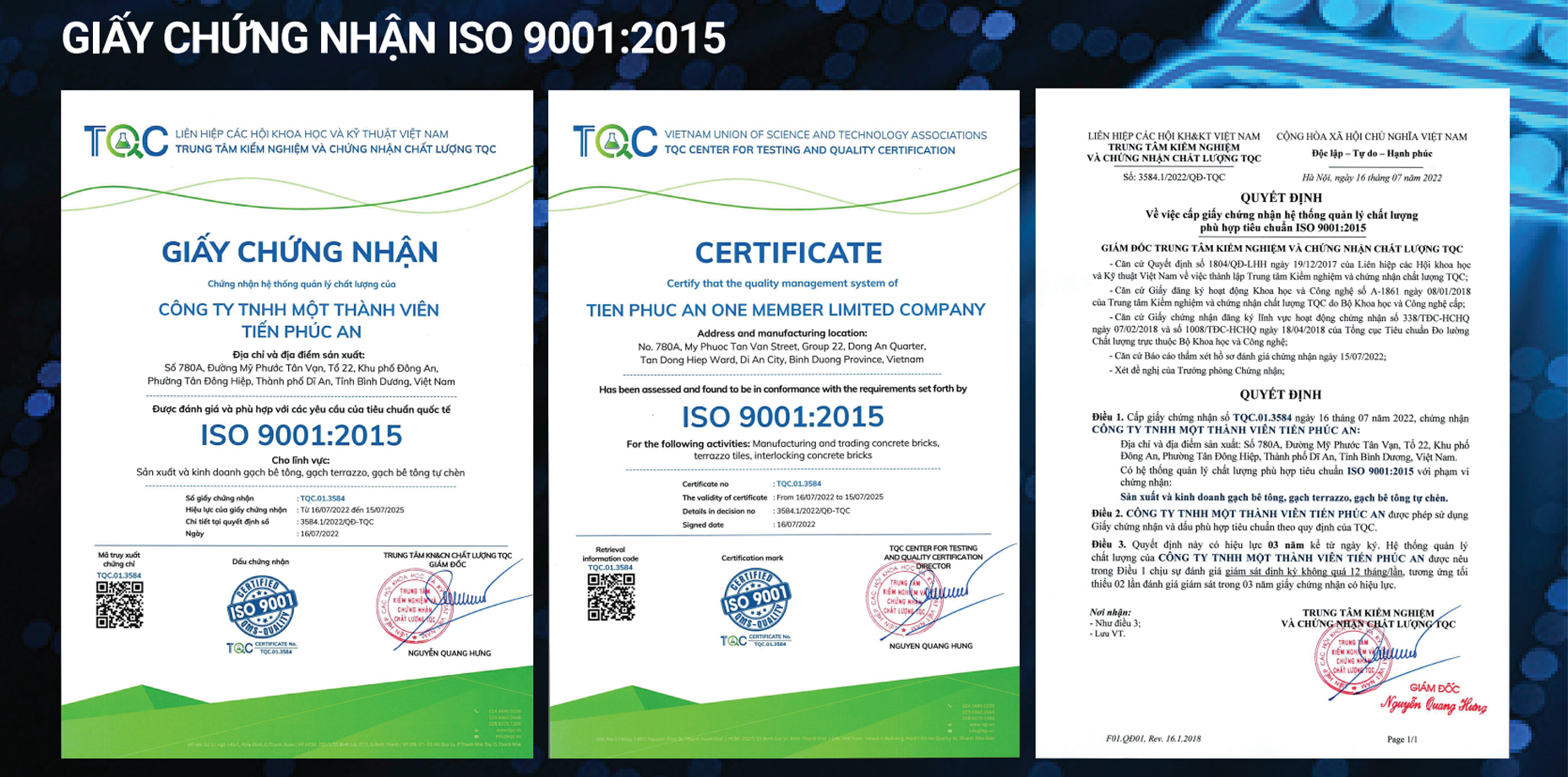 Giấy chứng nhận ISO 9001:2015 - Gạch Tiến Phúc An - Công Ty TNHH Một Thành Viên Tiến Phúc An